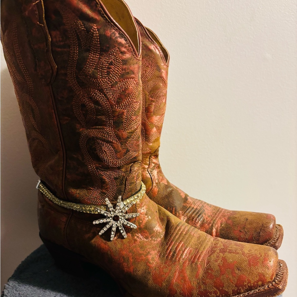 Nocona Copper/Bronze Embossed Western Boots with Starburst Rhinestone Harness